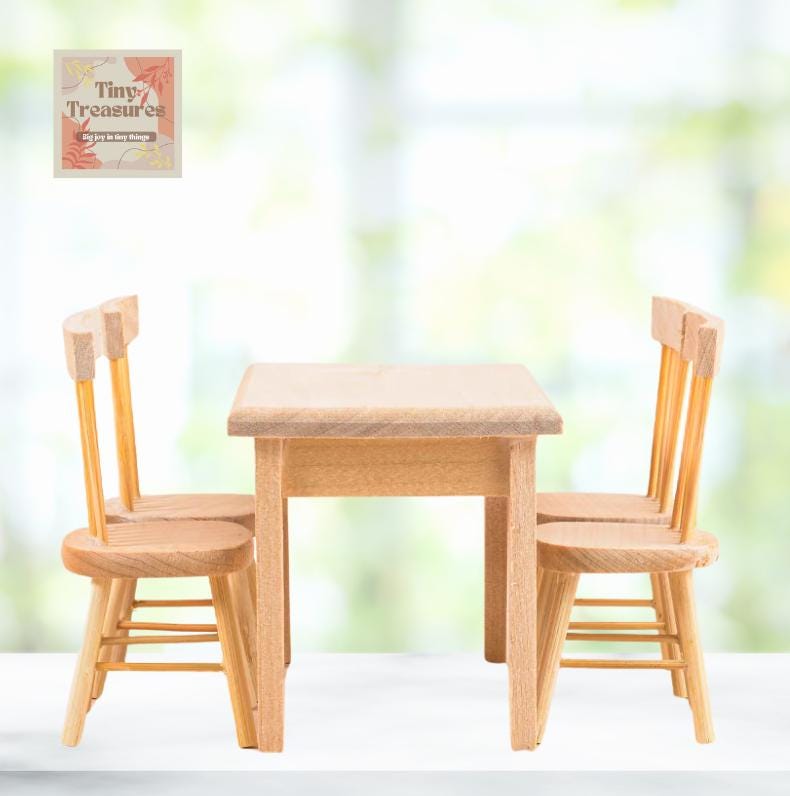 Miniature Wooden Table and Chairs Set – Dollhouse 1:12 Scale Furniture, Handmade Tiny Wood Dining Set