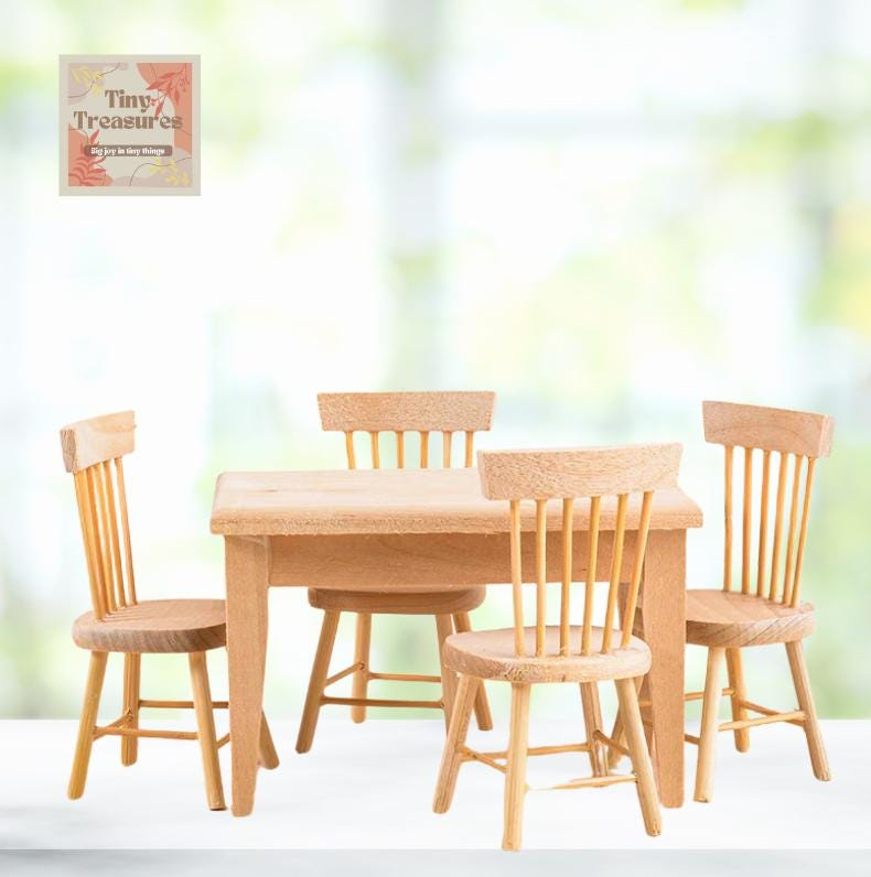 Miniature Wooden Table and Chairs Set – Dollhouse 1:12 Scale Furniture, Handmade Tiny Wood Dining Set