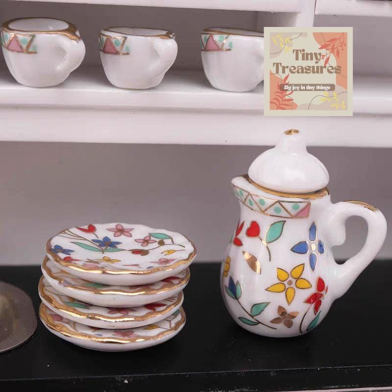 Miniature Porcelain Tea Set – 15-Piece Dollhouse Tea Set, 1:12 Scale Blue Floral China, Tiny Tea Party Set