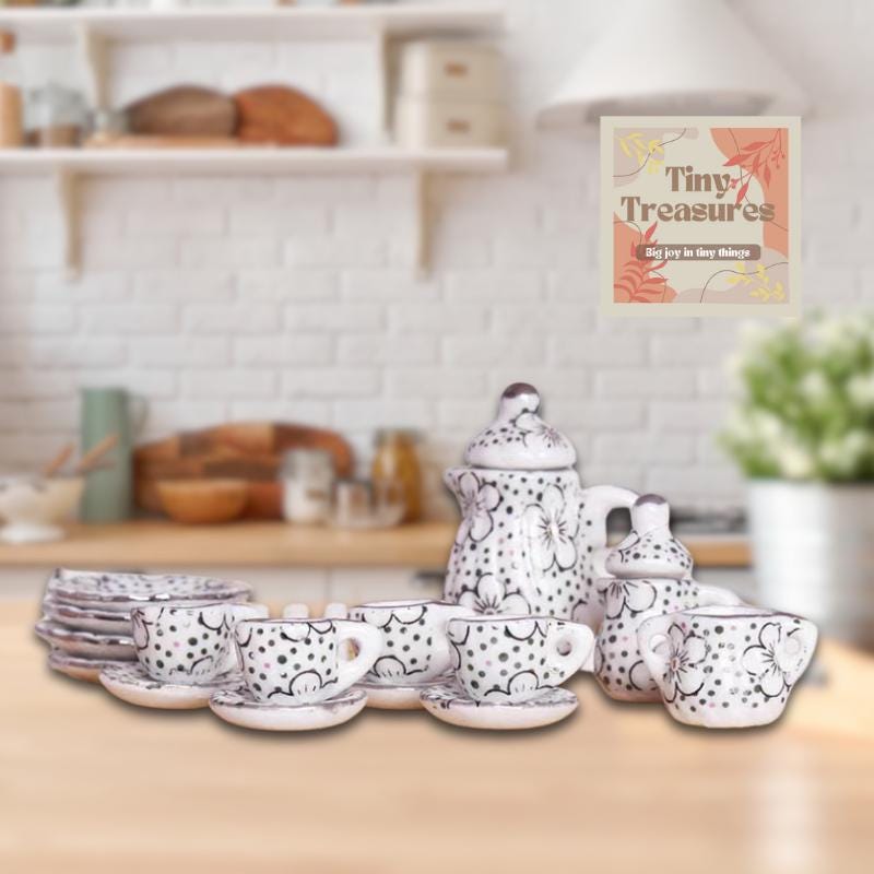 Miniature Porcelain Tea Set – 15-Piece Dollhouse Tea Set, 1:12 Scale Blue Floral China, Tiny Tea Party Set