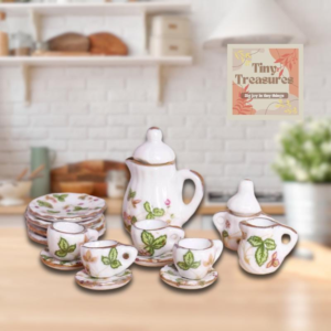 Miniature Porcelain Tea Set – 15-Piece Dollhouse Tea Set, 1:12 Scale Blue Floral China, Tiny Tea Party Set