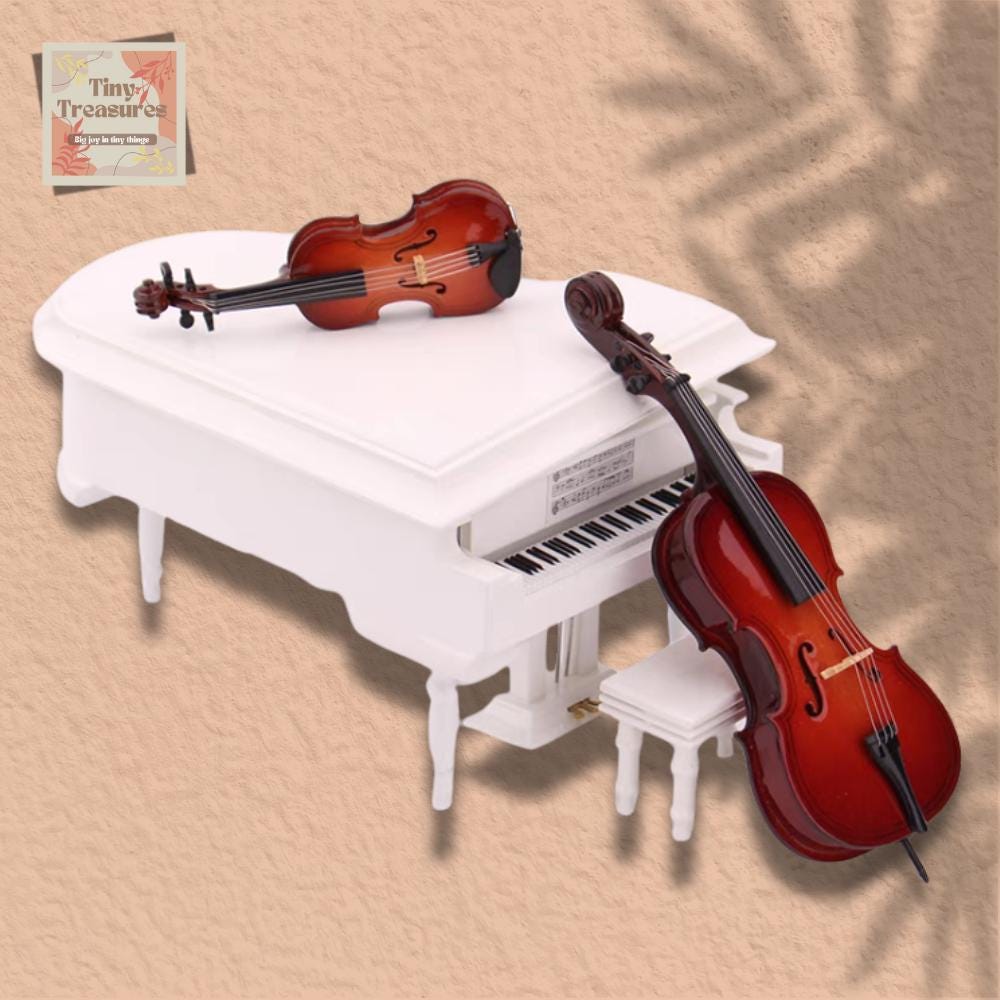 Personalized Miniature White Grand Piano Music Box – 1 6 & 1 12 Scale – Custom Song / Engraving – Elegant Gift with Stool (Black Case)