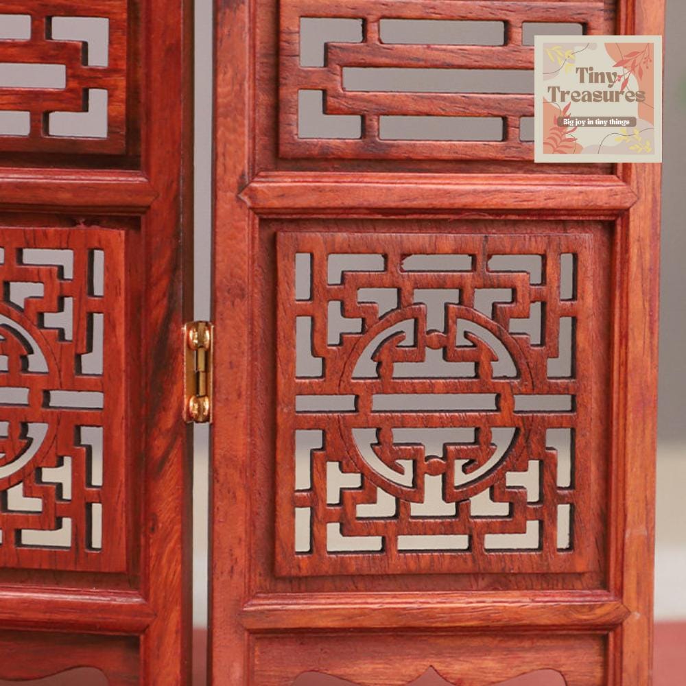 Miniature Mini Chinese Folding Screen –1:12/8 Dollhouse Room Divider – Wooden Handcrafted Display – Classical Decor