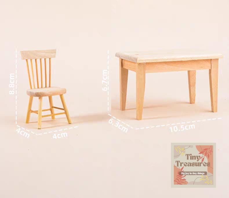 Miniature Wooden Table and Chairs Set – Dollhouse 1:12 Scale Furniture, Handmade Tiny Wood Dining Set
