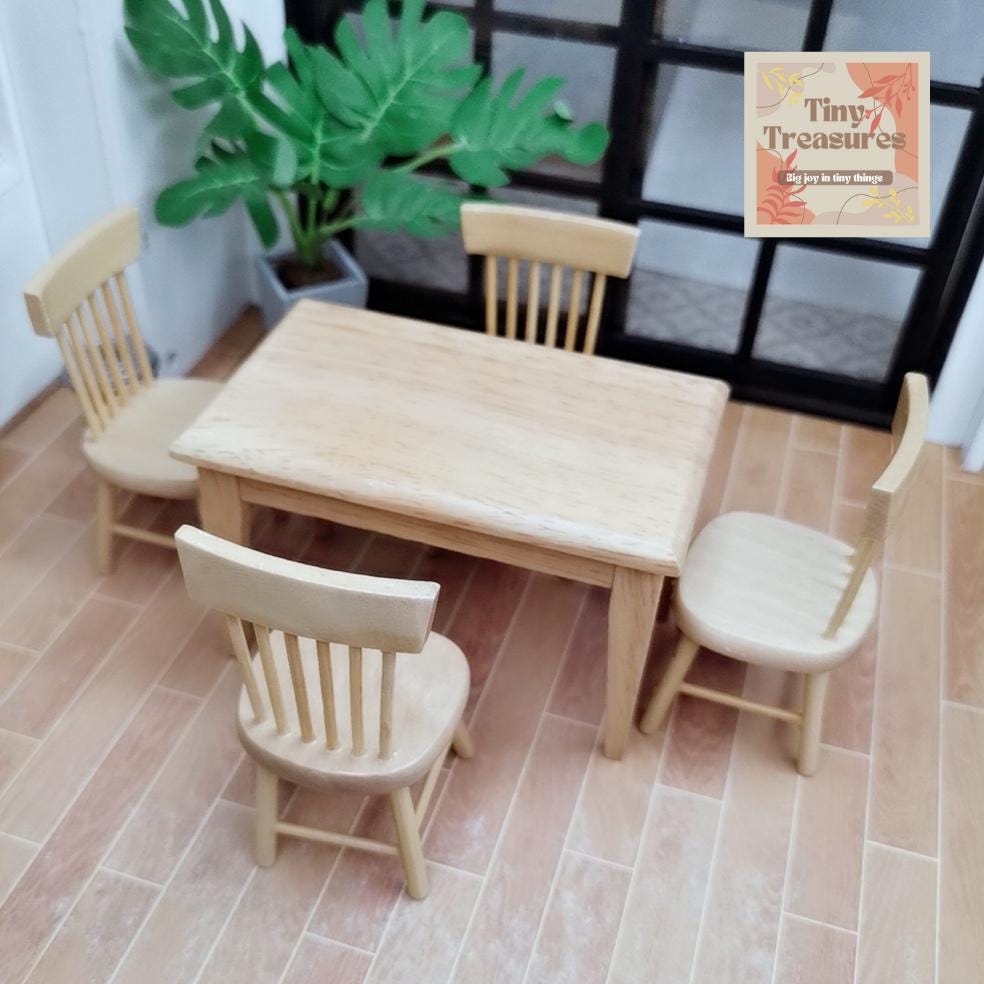 Miniature Wooden Table and Chairs Set – Dollhouse 1:12 Scale Furniture, Handmade Tiny Wood Dining Set