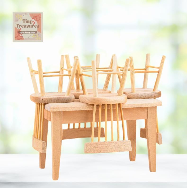 Miniature Wooden Table and Chairs Set – Dollhouse 1:12 Scale Furniture, Handmade Tiny Wood Dining Set