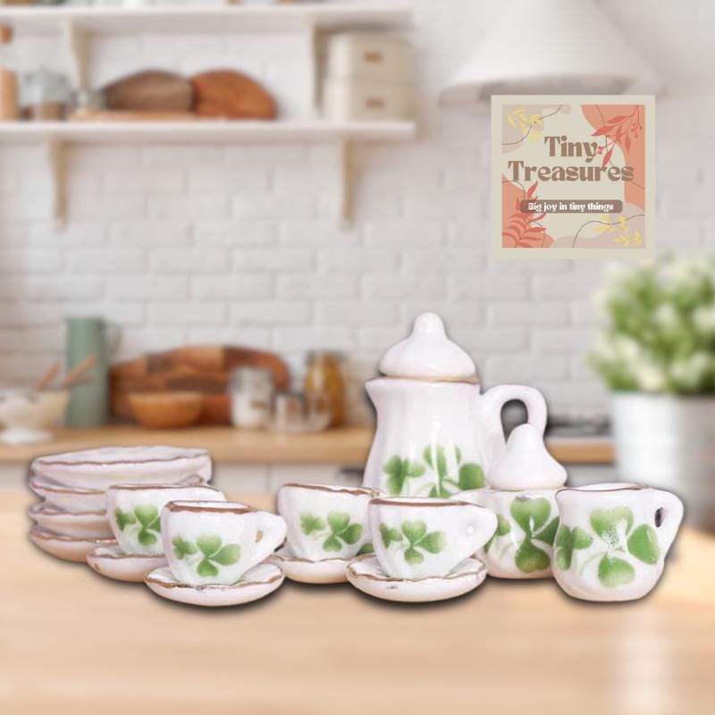 Miniature Porcelain Tea Set – 15-Piece Dollhouse Tea Set, 1:12 Scale Blue Floral China, Tiny Tea Party Set