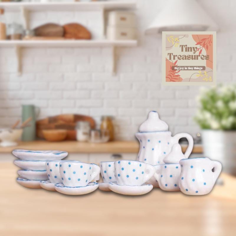 Miniature Porcelain Tea Set – 15-Piece Dollhouse Tea Set, 1:12 Scale Blue Floral China, Tiny Tea Party Set