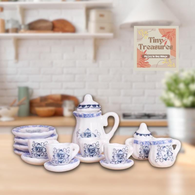 Miniature Porcelain Tea Set – 15-Piece Dollhouse Tea Set, 1:12 Scale Blue Floral China, Tiny Tea Party Set