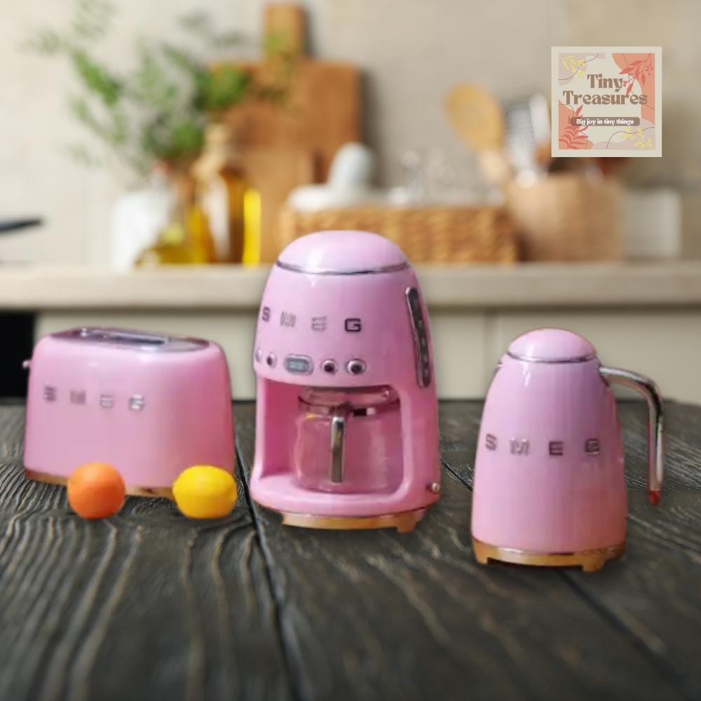 Miniature Kitchen Set – Kettle, Toaster, Coffee Maker, 6 Colors, 1:12 Scale Dollhouse