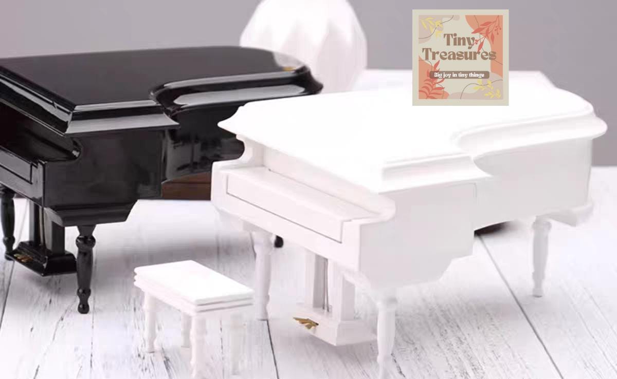 Personalized Miniature White Grand Piano Music Box – 1 6 & 1 12 Scale – Custom Song / Engraving – Elegant Gift with Stool (Black Case)