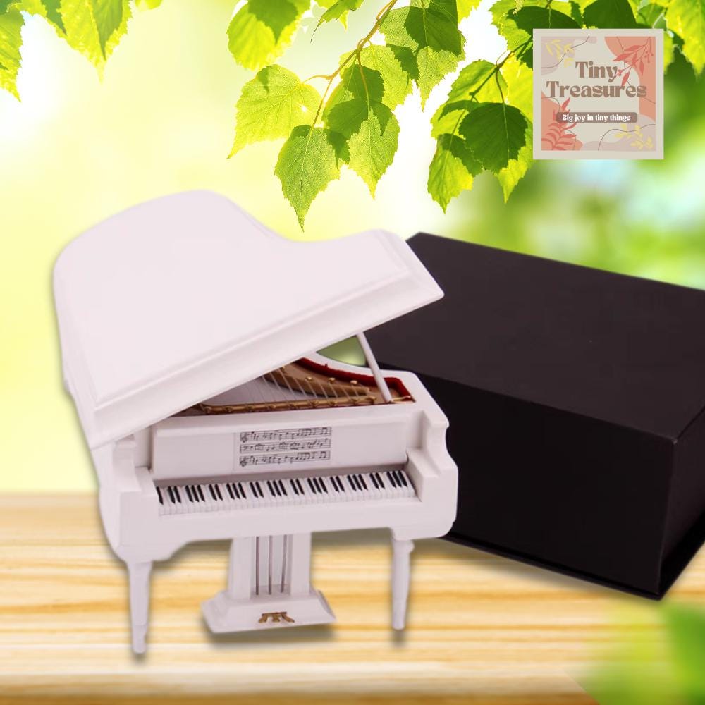 Personalized Miniature White Grand Piano Music Box – 1 6 & 1 12 Scale – Custom Song / Engraving – Elegant Gift with Stool (Black Case)