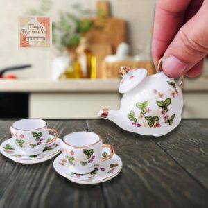 Miniature Ceramic Tea Set – 3 Styles, White Gold, Rose & Clover, Dollhouse Decor 1:12 Scale Dollhouse, Tiny Tea Party Set