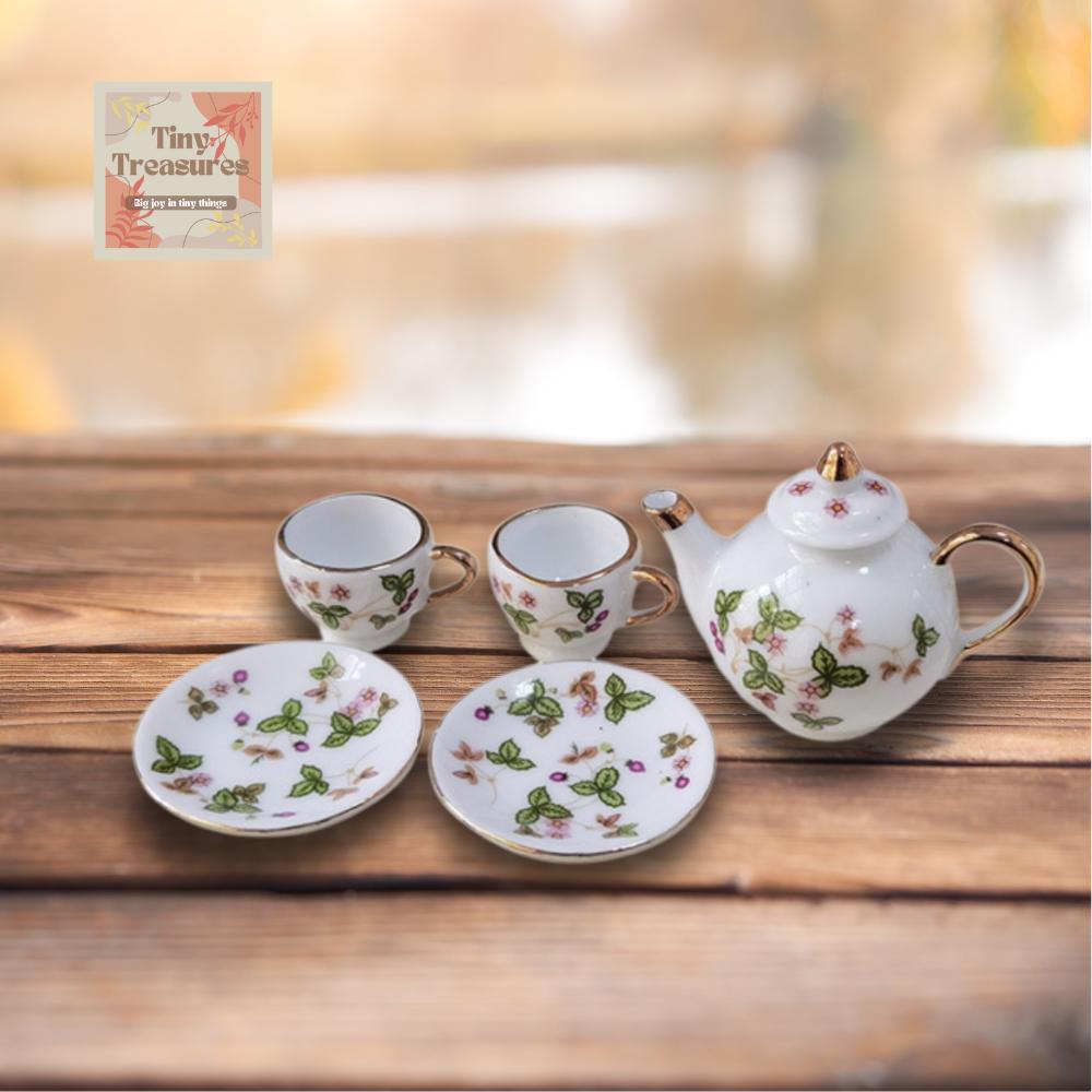 Miniature Ceramic Tea Set – 3 Styles, White Gold, Rose & Clover, Dollhouse Decor 1:12 Scale Dollhouse, Tiny Tea Party Set