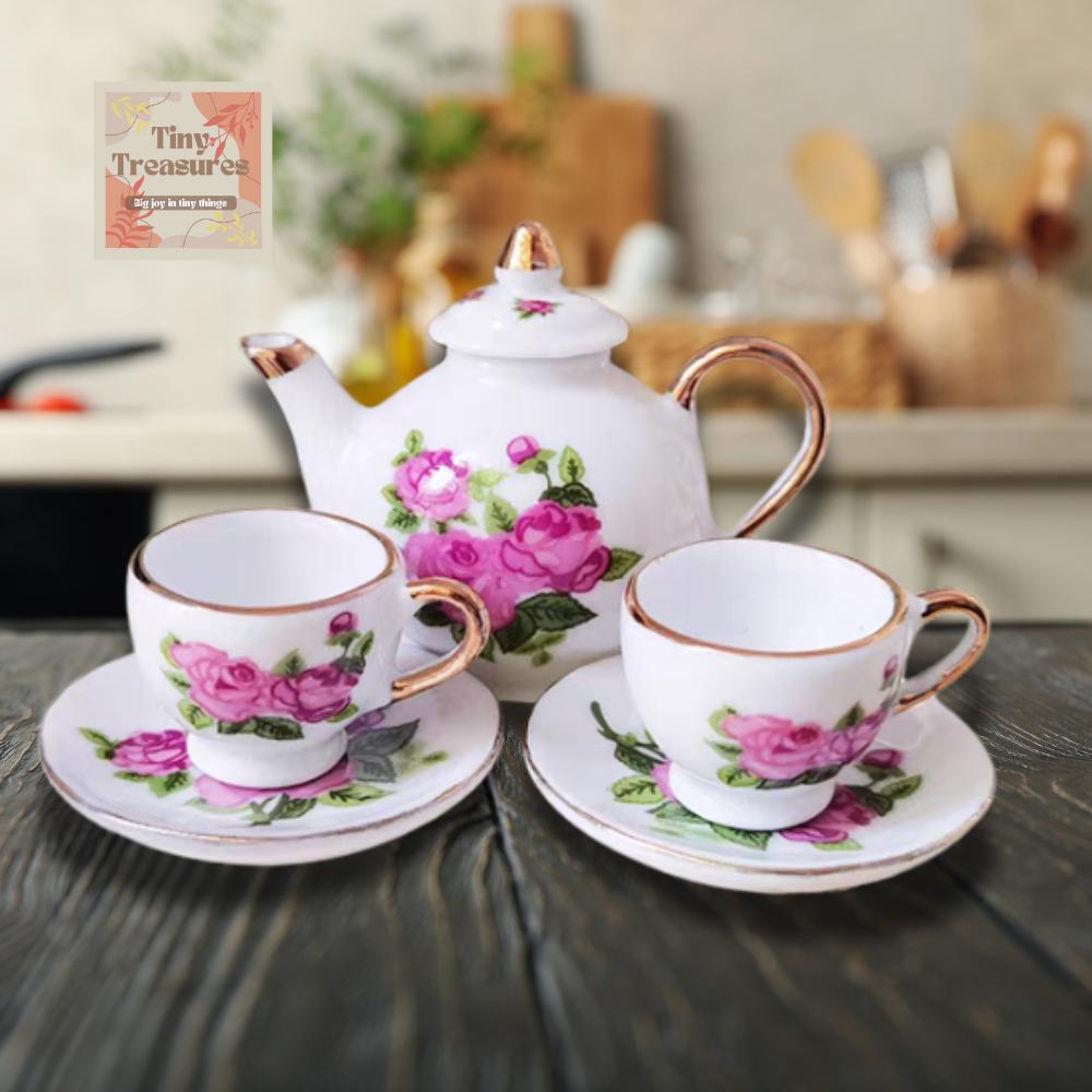 Miniature Ceramic Tea Set – 3 Styles, White Gold, Rose & Clover, Dollhouse Decor 1:12 Scale Dollhouse, Tiny Tea Party Set