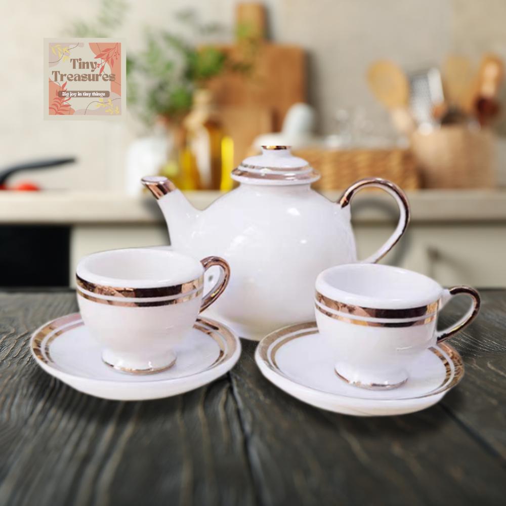 Miniature Ceramic Tea Set – 3 Styles, White Gold, Rose & Clover, Dollhouse Decor 1:12 Scale Dollhouse, Tiny Tea Party Set