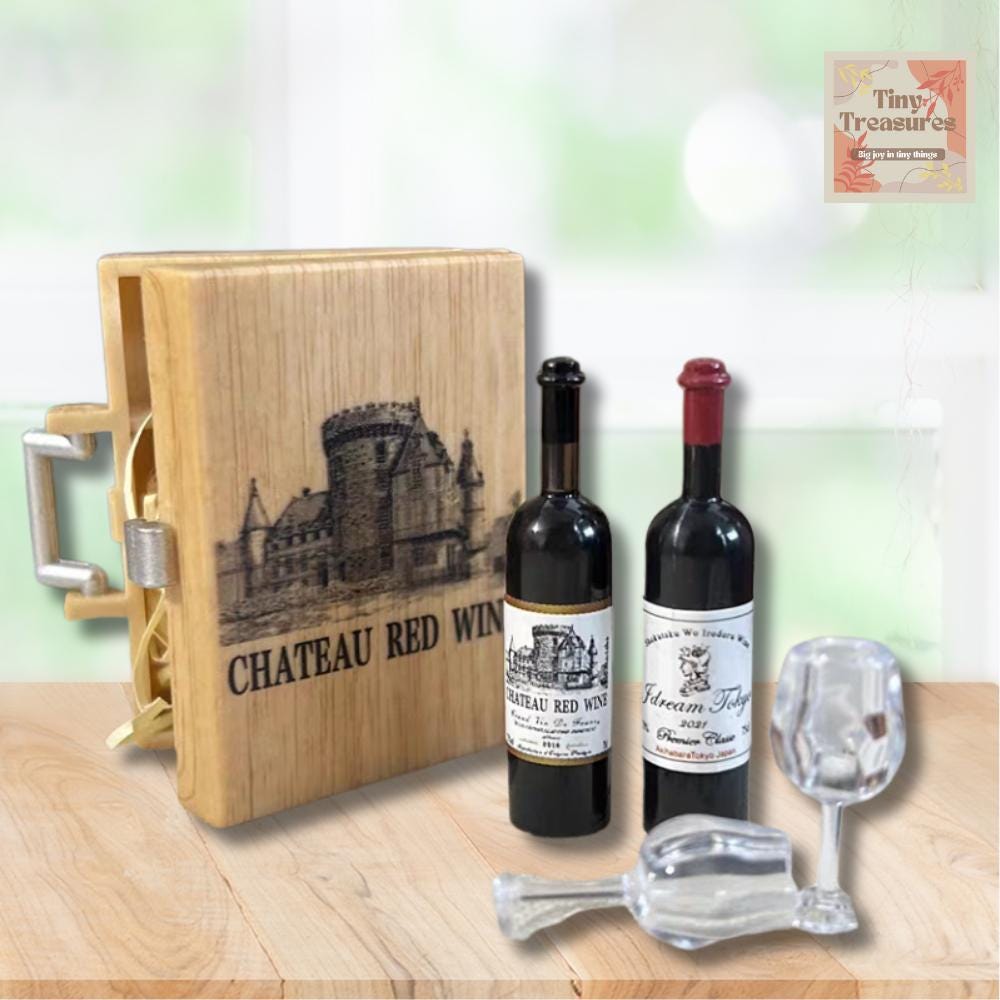 1:12 Scale Miniature Wine Set – Red Wine Bottle & Glasses in Gift Box
