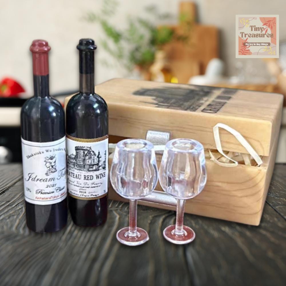 1:12 Scale Miniature Wine Set – Red Wine Bottle & Glasses in Gift Box