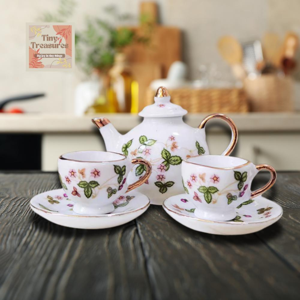 Miniature Ceramic Tea Set – 3 Styles, White Gold, Rose & Clover, Dollhouse Decor 1:12 Scale Dollhouse, Tiny Tea Party Set