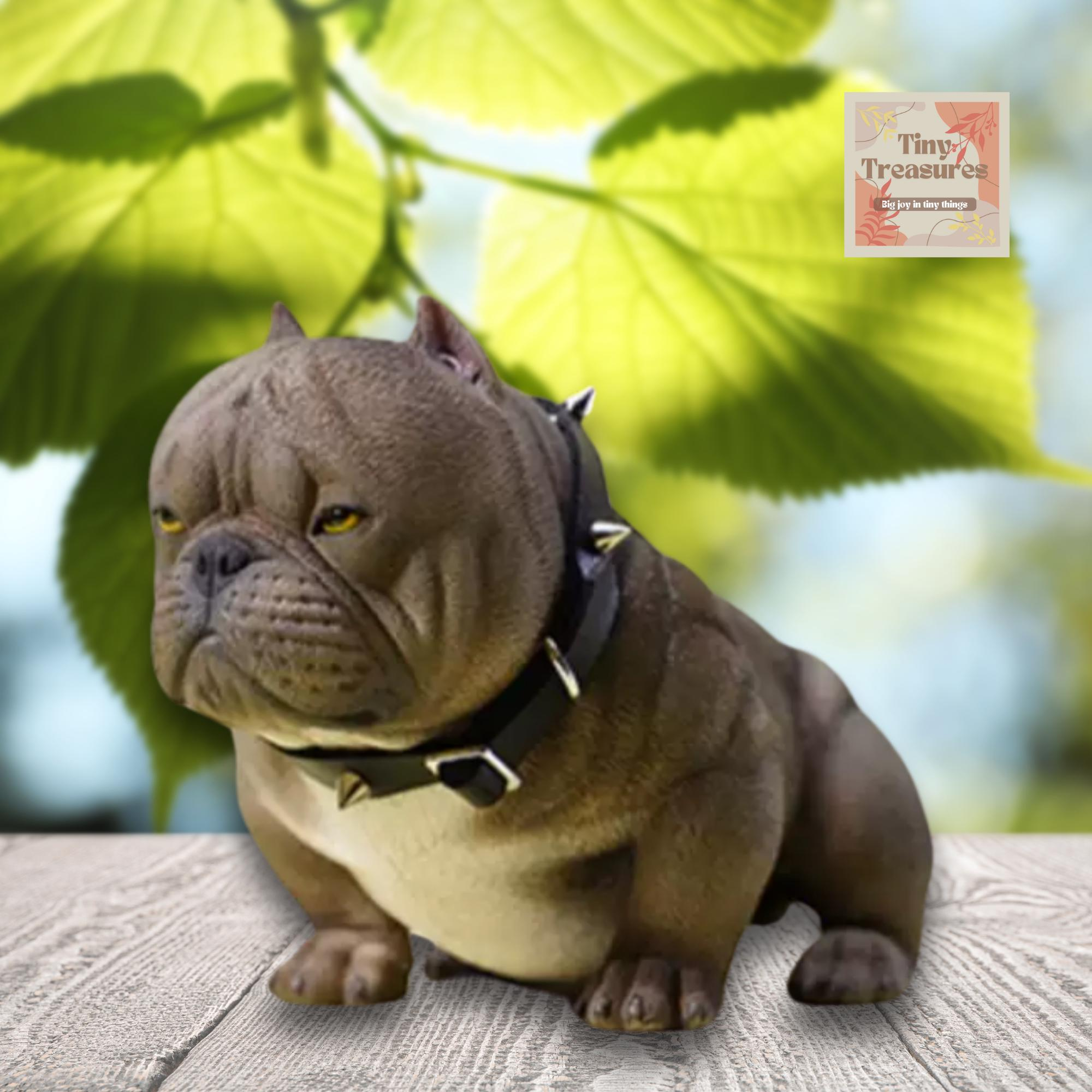 Miniature American Bully Dog Figurine with Collar – Realistic Resin Pet Model – 1/6 Scale Dollhouse Animal Decor – 5 Colors -6.5x13x8cm
