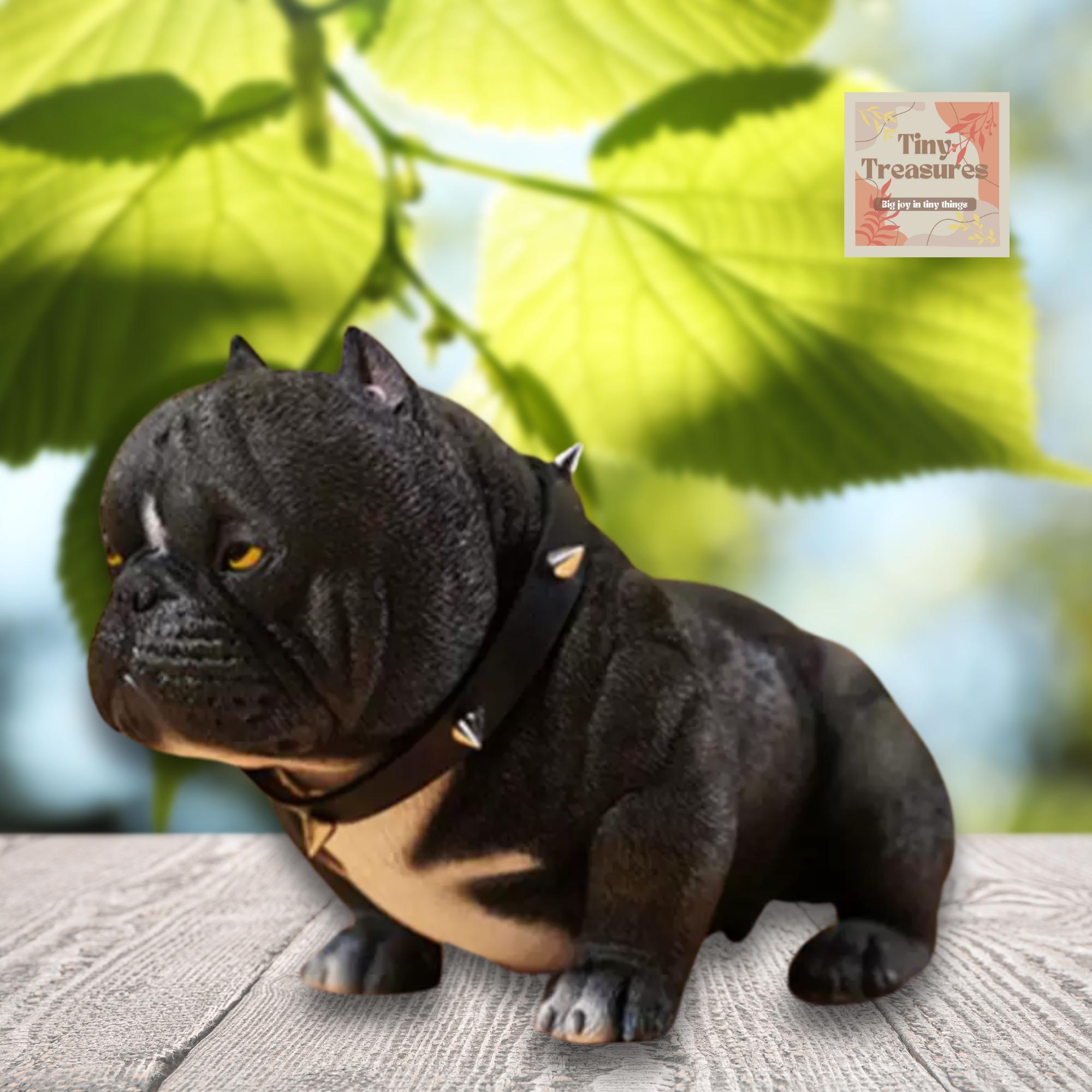 Miniature American Bully Dog Figurine with Collar – Realistic Resin Pet Model – 1/6 Scale Dollhouse Animal Decor – 5 Colors -6.5x13x8cm
